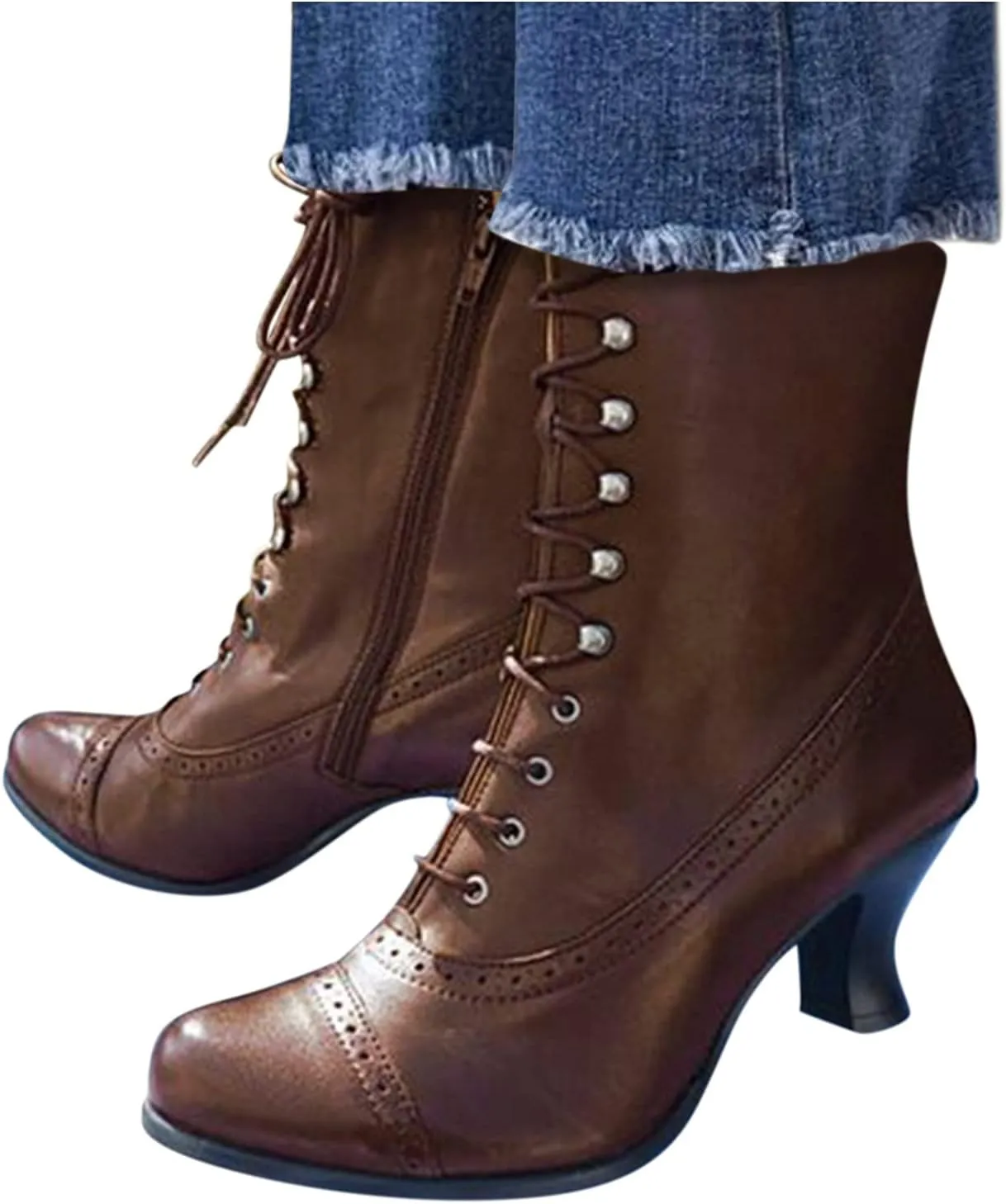Victorian Boots for Women Vintage 70s Granny Boots Renaissance Ankle Boots Low Heel Lace Up Mid-Calf Booties with Zipper