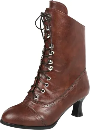 Victorian Boots for Women Vintage 70s Granny Boots Renaissance Ankle Boots Low Heel Lace Up Mid-Calf Booties with Zipper