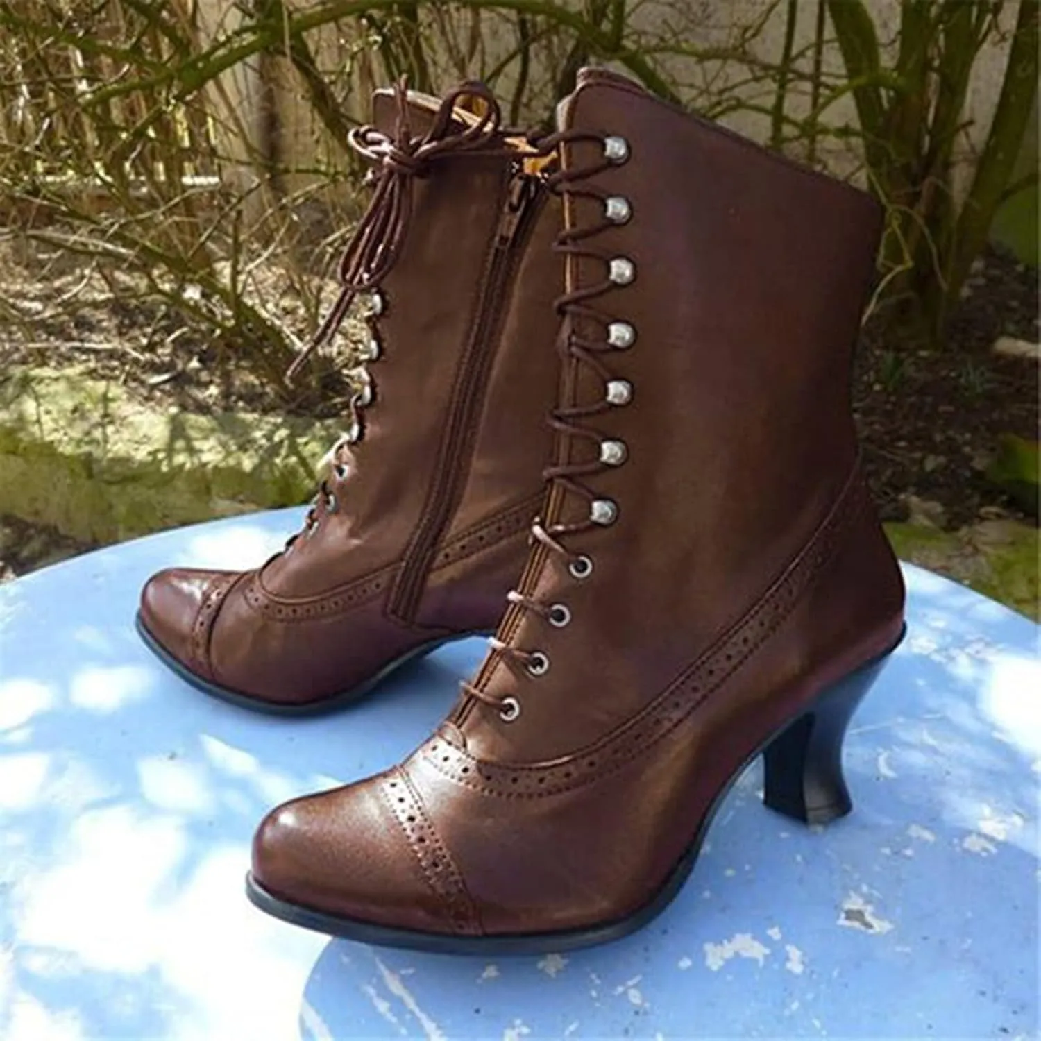 Victorian Boots for Women Vintage 70s Granny Boots Renaissance Ankle Boots Low Heel Lace Up Mid-Calf Booties with Zipper