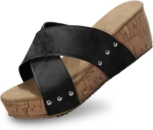 Wedge Sandals for Women Dressy Summer Leather Platform Wedge Slippers Comfortable Open Toe Cork Casual & Dressy Summer Shoes Slip On Slides