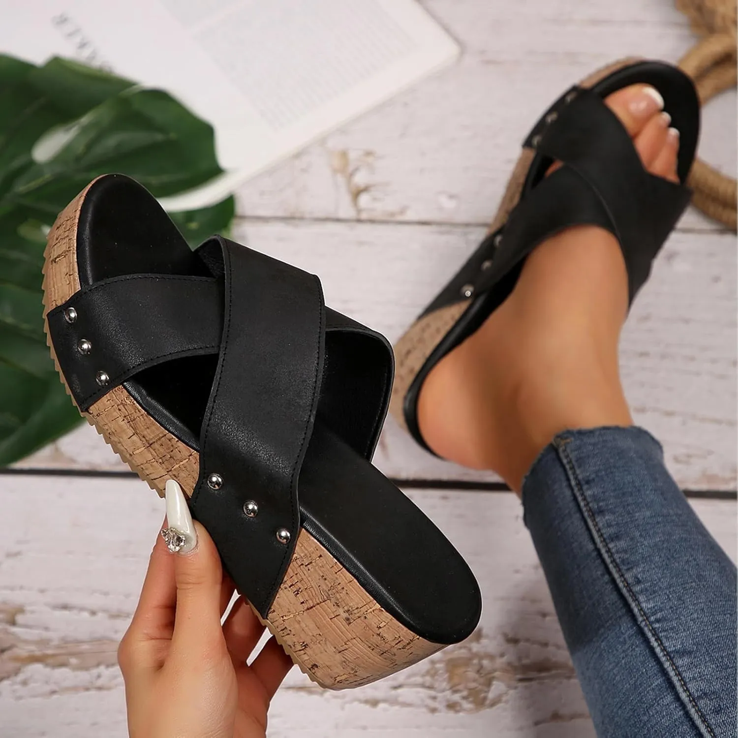 Wedge Sandals for Women Dressy Summer Leather Platform Wedge Slippers Comfortable Open Toe Cork Casual & Dressy Summer Shoes Slip On Slides
