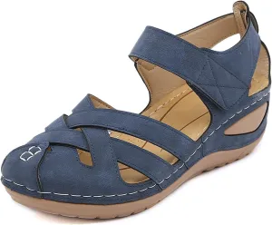 Women Comfortable Flat Sandals Dressy Summer Sandal Closed Toe Fisherman Sandals, Vintage Casual Hollow Out Orthopedic Shoes Slip on Buckle Platform Weages