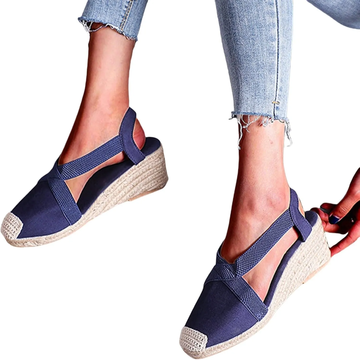 Women Wedge Sandals Espadrilles Closed Toe Slip-ons Elastic Ankle-Tie Strap Casual Summer Bohemian Ankle Platform Sandals Wedges Heel Casual Dressy with Adjustable Buckle Anti Slip Shoes