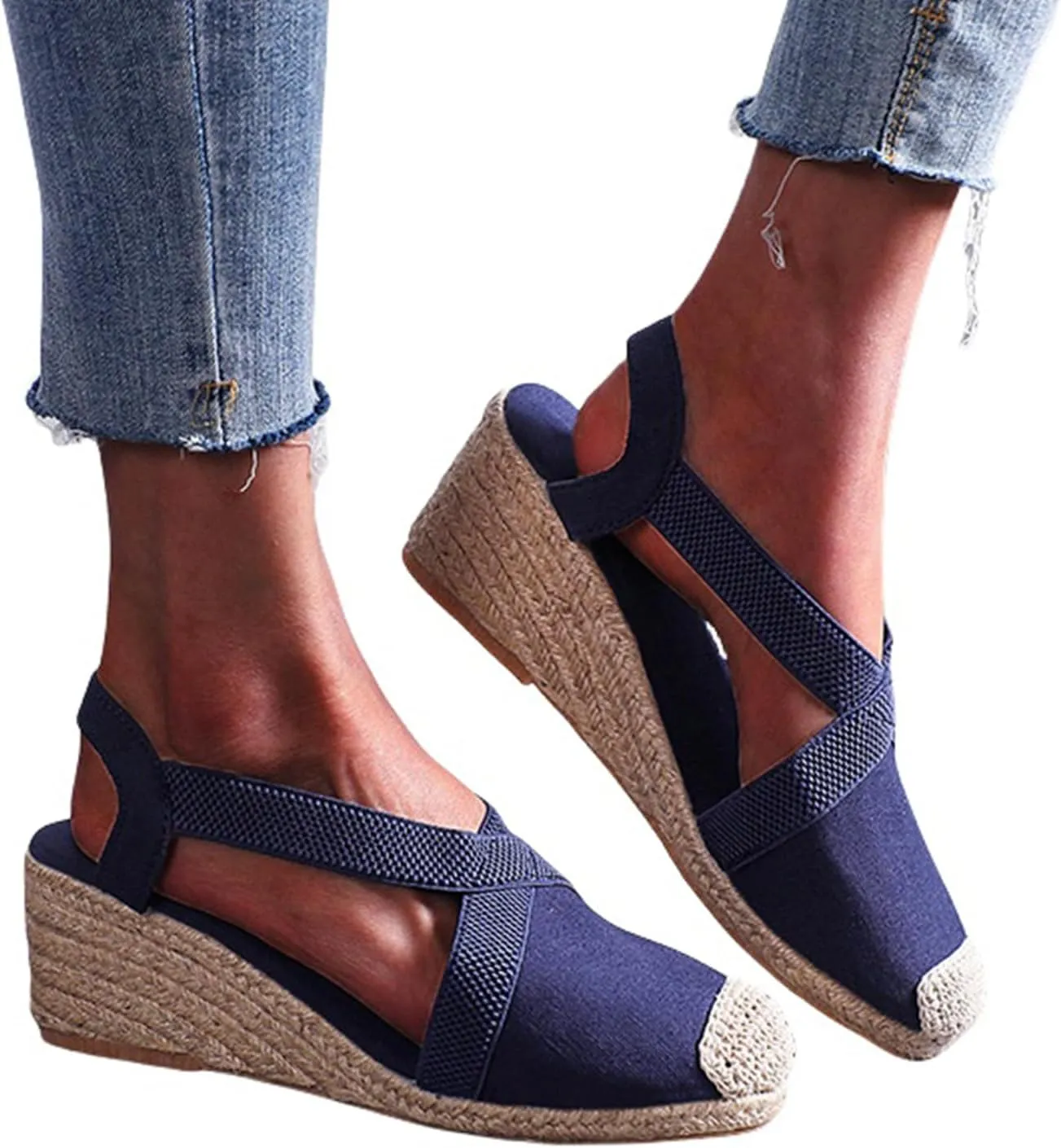 Women Wedge Sandals Espadrilles Closed Toe Slip-ons Elastic Ankle-Tie Strap Casual Summer Bohemian Ankle Platform Sandals Wedges Heel Casual Dressy with Adjustable Buckle Anti Slip Shoes
