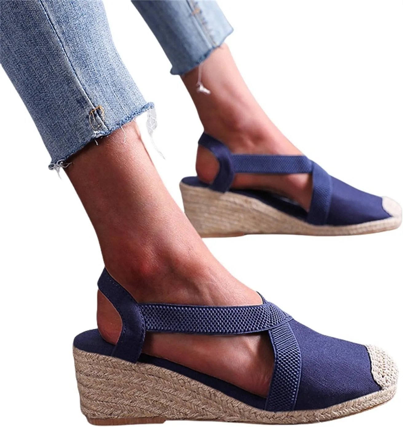 Women Wedge Sandals Espadrilles Closed Toe Slip-ons Elastic Ankle-Tie Strap Casual Summer Bohemian Ankle Platform Sandals Wedges Heel Casual Dressy with Adjustable Buckle Anti Slip Shoes