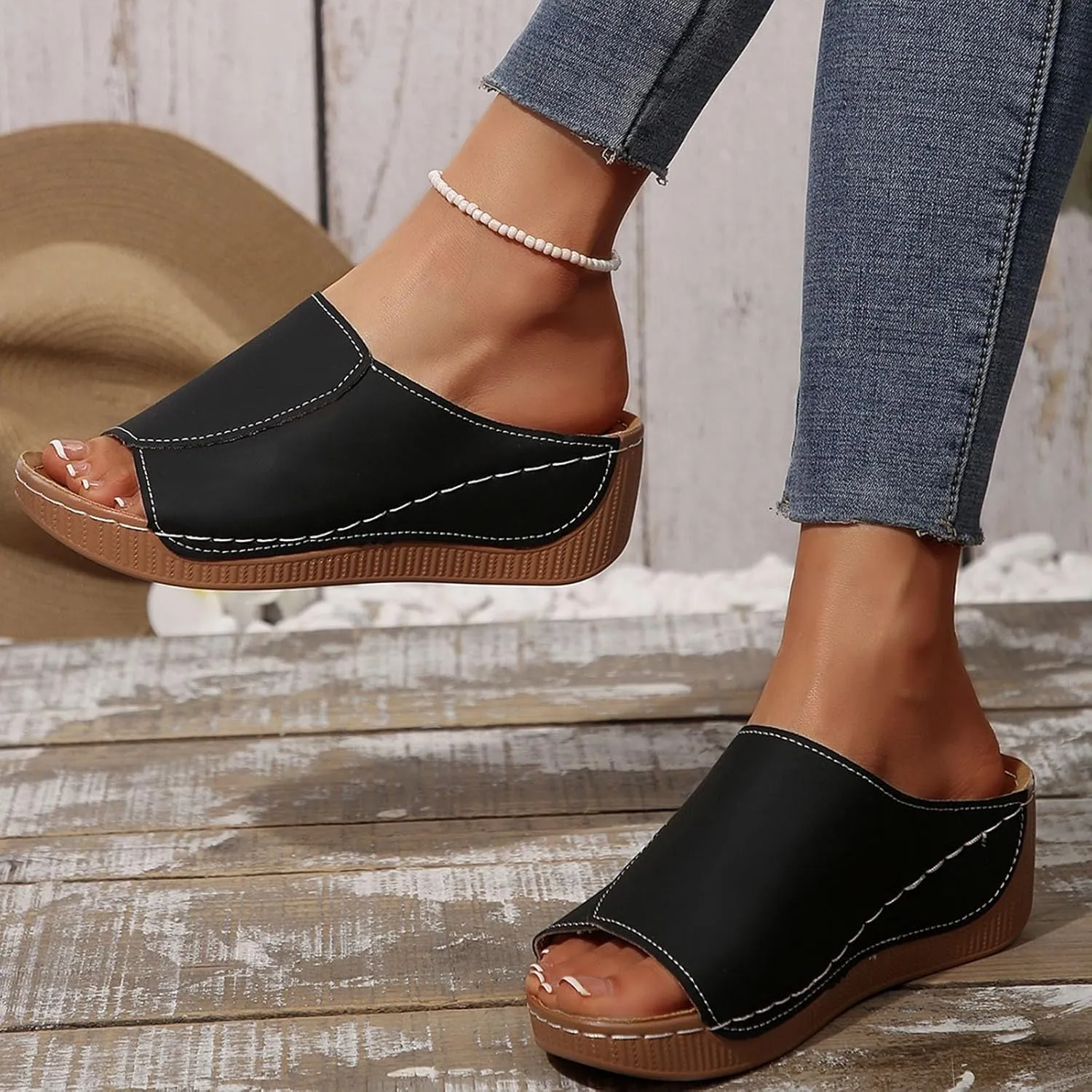 Womens Comfort Sandals Orthopedic Arch Support Leather Wedge Slides Casual Comfortable Platform Slip On Walking Shoes