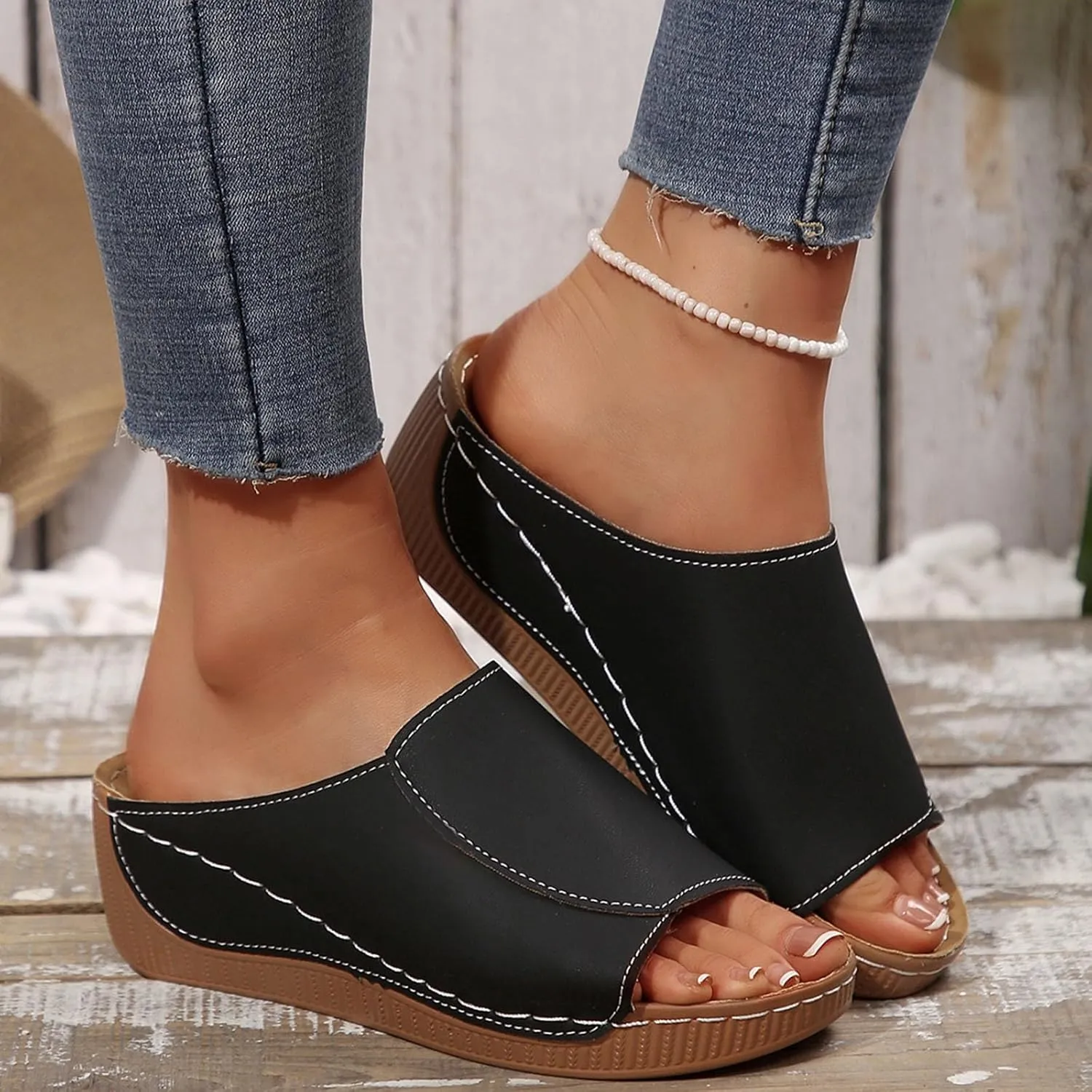 Womens Comfort Sandals Orthopedic Arch Support Leather Wedge Slides Casual Comfortable Platform Slip On Walking Shoes