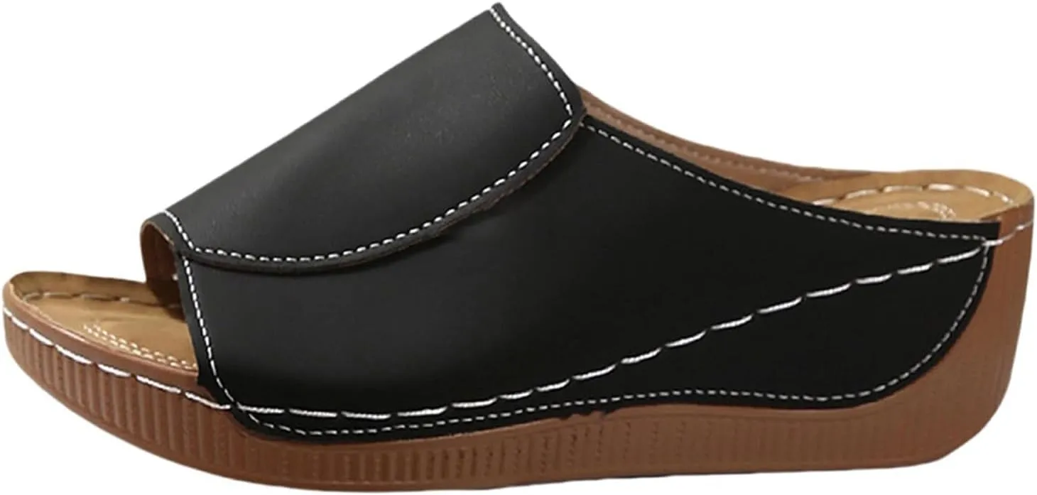 Womens Comfort Sandals Orthopedic Arch Support Leather Wedge Slides Casual Comfortable Platform Slip On Walking Shoes