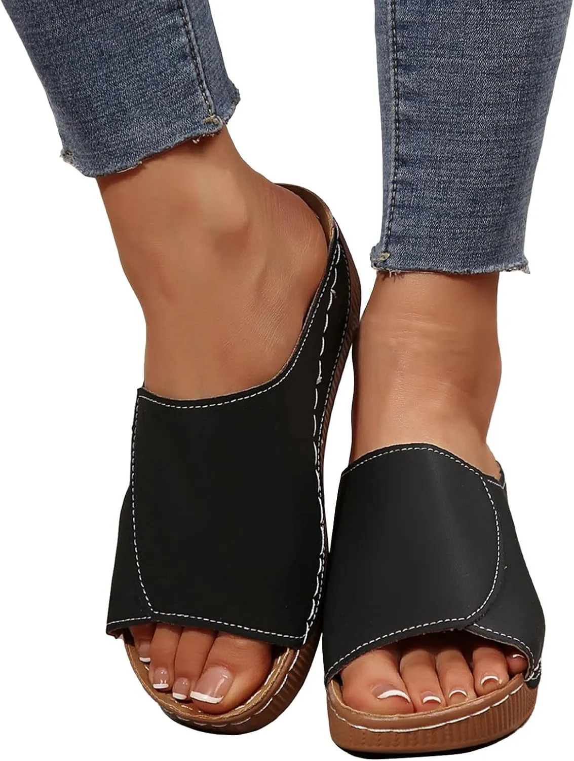 Womens Comfort Sandals Orthopedic Arch Support Leather Wedge Slides Casual Comfortable Platform Slip On Walking Shoes