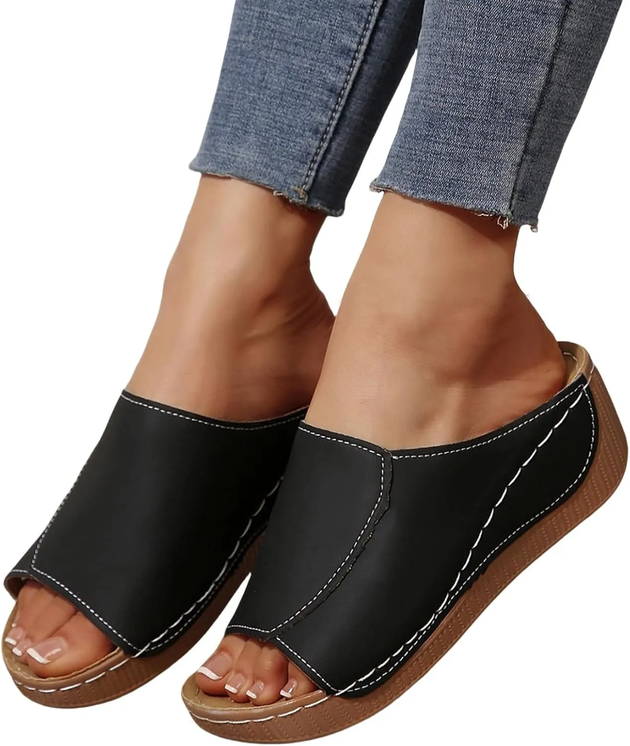 Womens Comfort Sandals Orthopedic Arch Support Leather Wedge Slides Casual Comfortable Platform Slip On Walking Shoes
