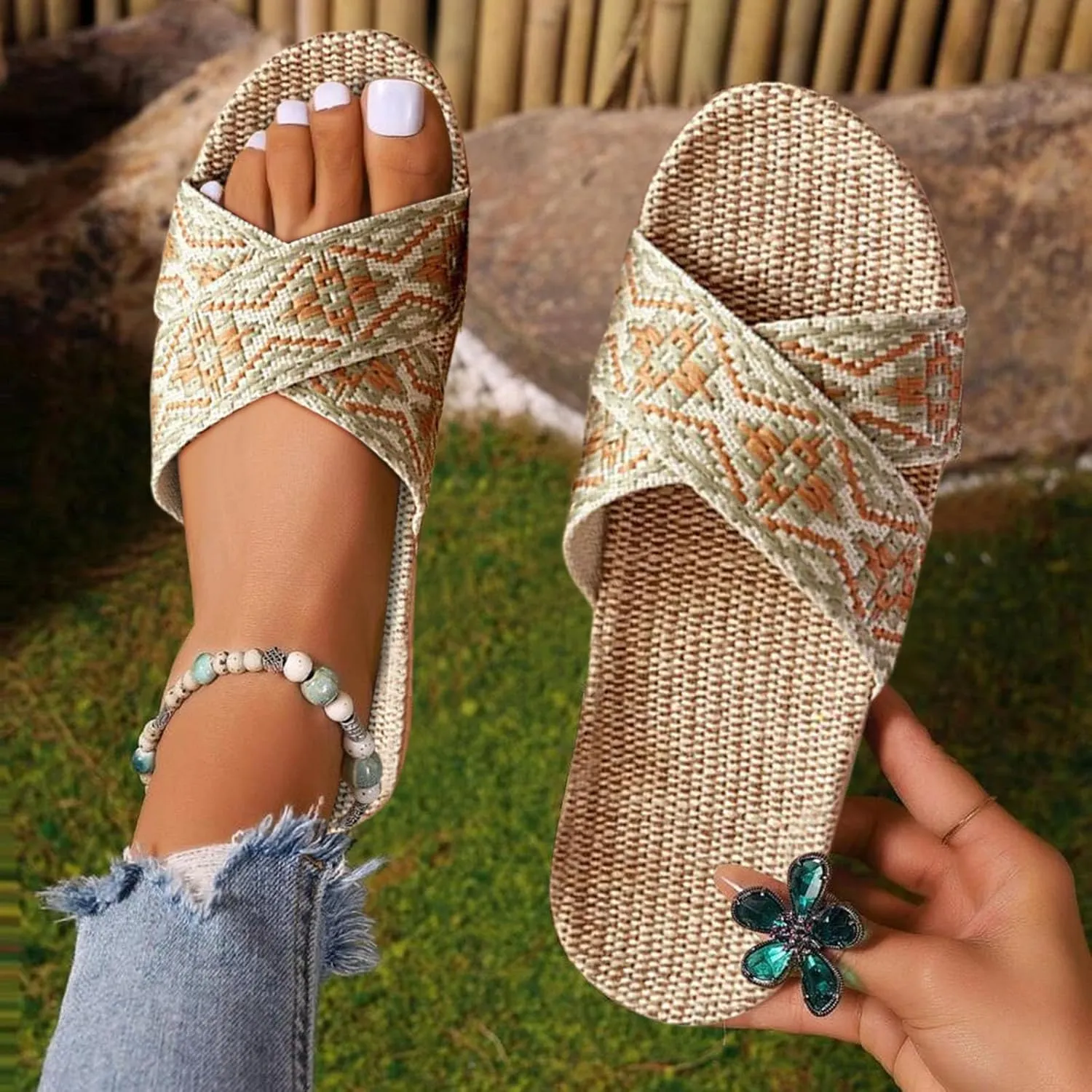 Womens Espadrilles Flat Sandals Open Toe Breathable Strappy Comfortable Slip on Home Slippers Wide Width Stretch Textile Summer Dress Sandals