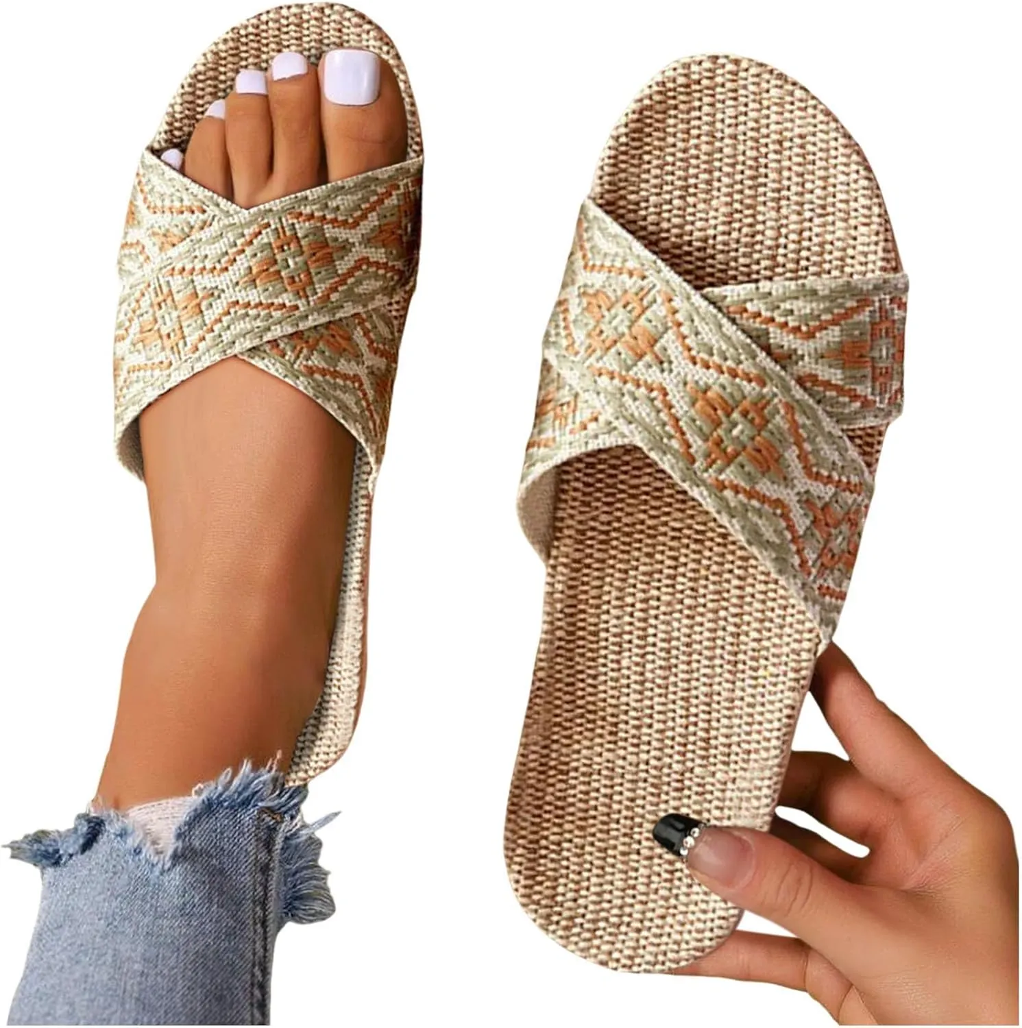Womens Espadrilles Flat Sandals Open Toe Breathable Strappy Comfortable Slip on Home Slippers Wide Width Stretch Textile Summer Dress Sandals