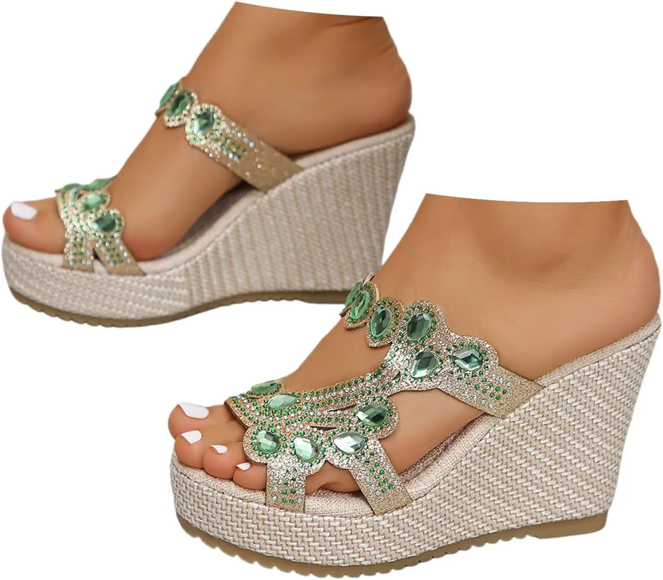 Women's High Heel Wedge Sandals 2025 Summer Fashion Rhinestone Espadrilles Open Toe Slingback Comfortable Slippers Casual Comfortable Summer Backless Mules Slide Walking Shoes