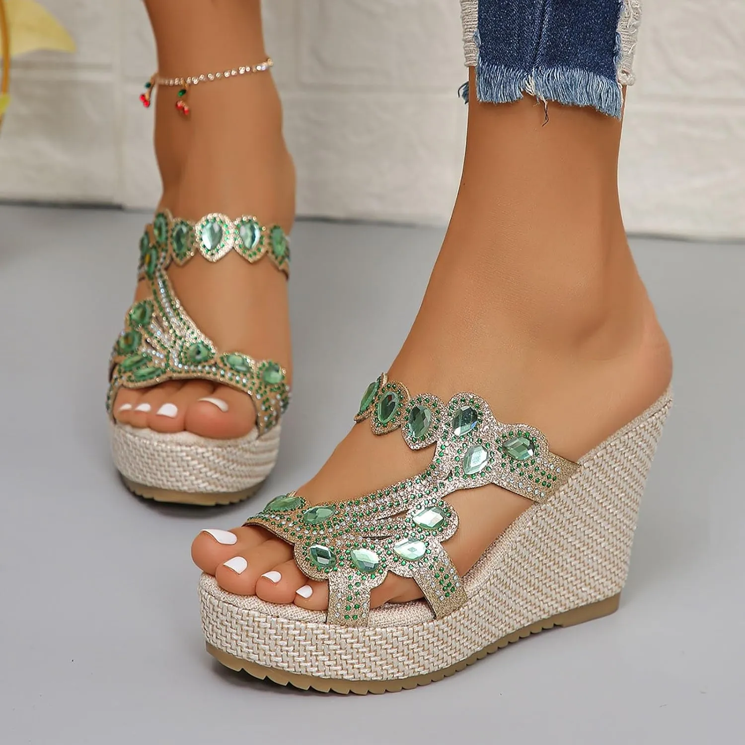 Women's High Heel Wedge Sandals 2025 Summer Fashion Rhinestone Espadrilles Open Toe Slingback Comfortable Slippers Casual Comfortable Summer Backless Mules Slide Walking Shoes