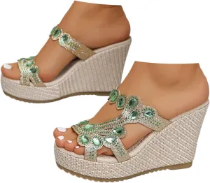 Women's High Heel Wedge Sandals 2025 Summer Fashion Rhinestone Espadrilles Open Toe Slingback Comfortable Slippers Casual Comfortable Summer Backless Mules Slide Walking Shoes