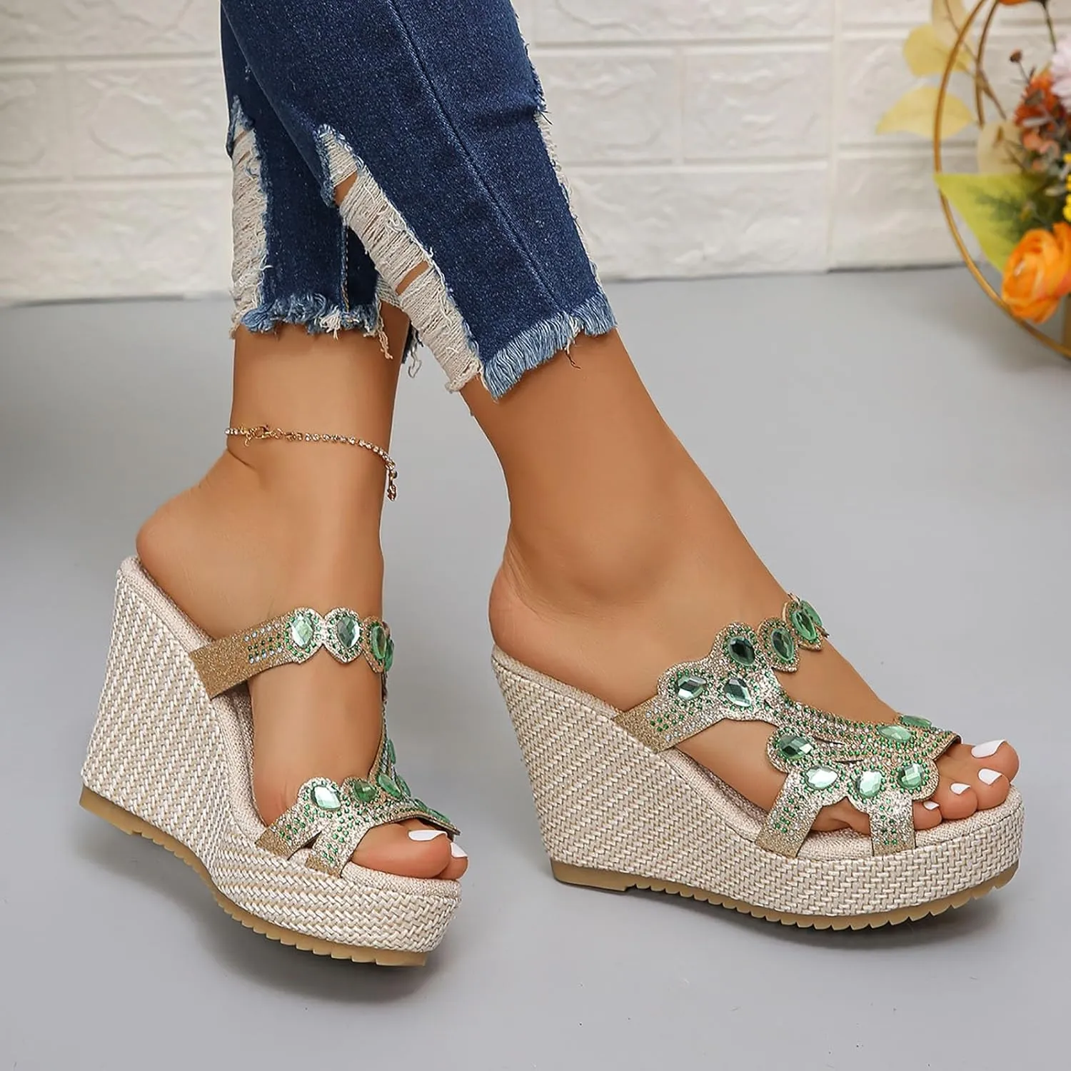 Women's High Heel Wedge Sandals 2025 Summer Fashion Rhinestone Espadrilles Open Toe Slingback Comfortable Slippers Casual Comfortable Summer Backless Mules Slide Walking Shoes