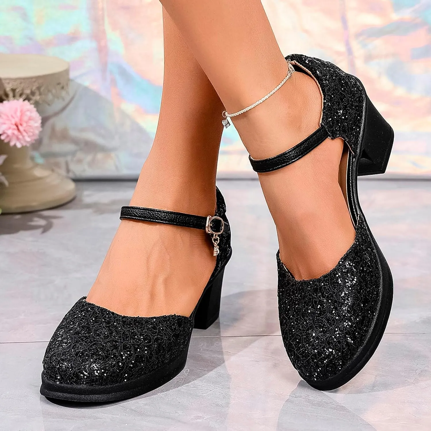 Womens Mary Jane Heels Lace Sequins Chunky Pumps Comfortable Block Heel Dress Shoes for Work Office Wedding Dancing