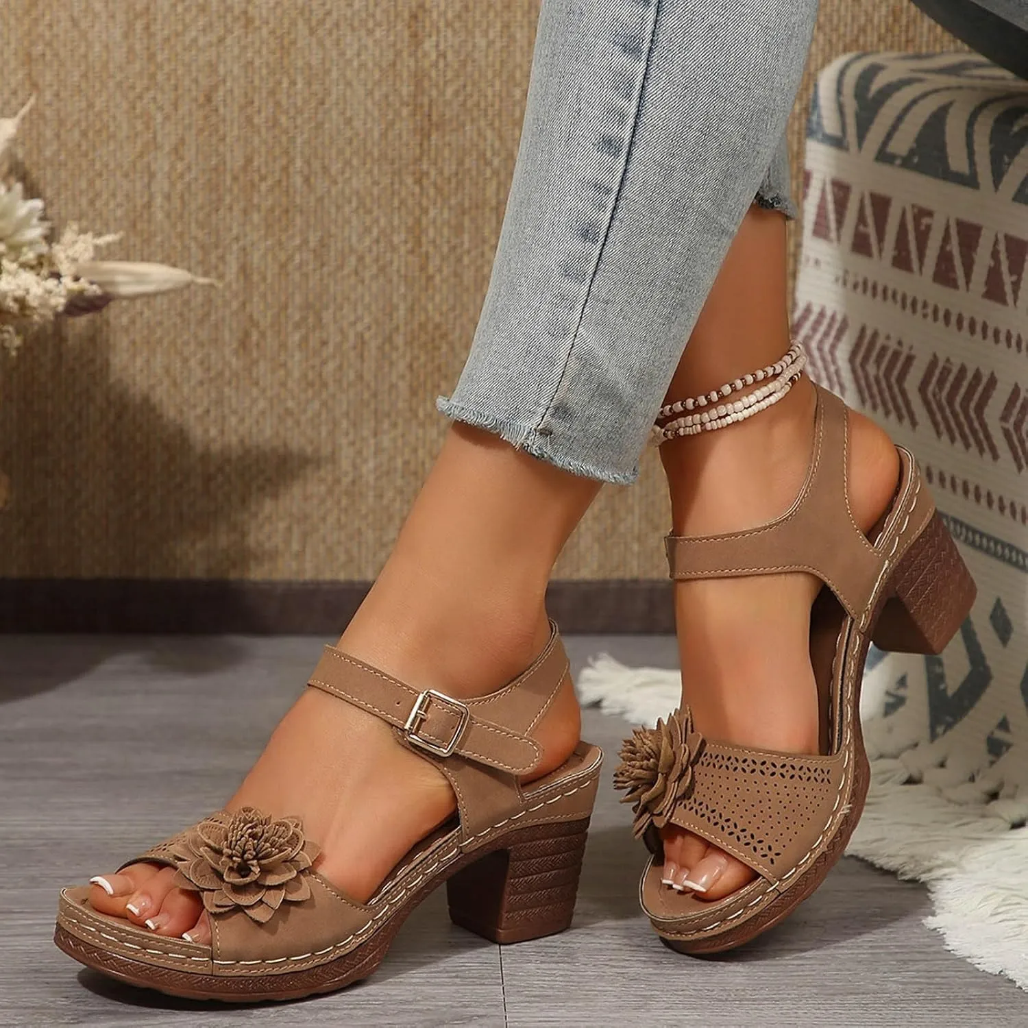 Womens Platform Heeled Sandal Fashion Chunky Heels Sandals Comfortable Dressy Arch Support Ankle Strap Wedge Sandals Open Toe Low Heel Breathable Shoes
