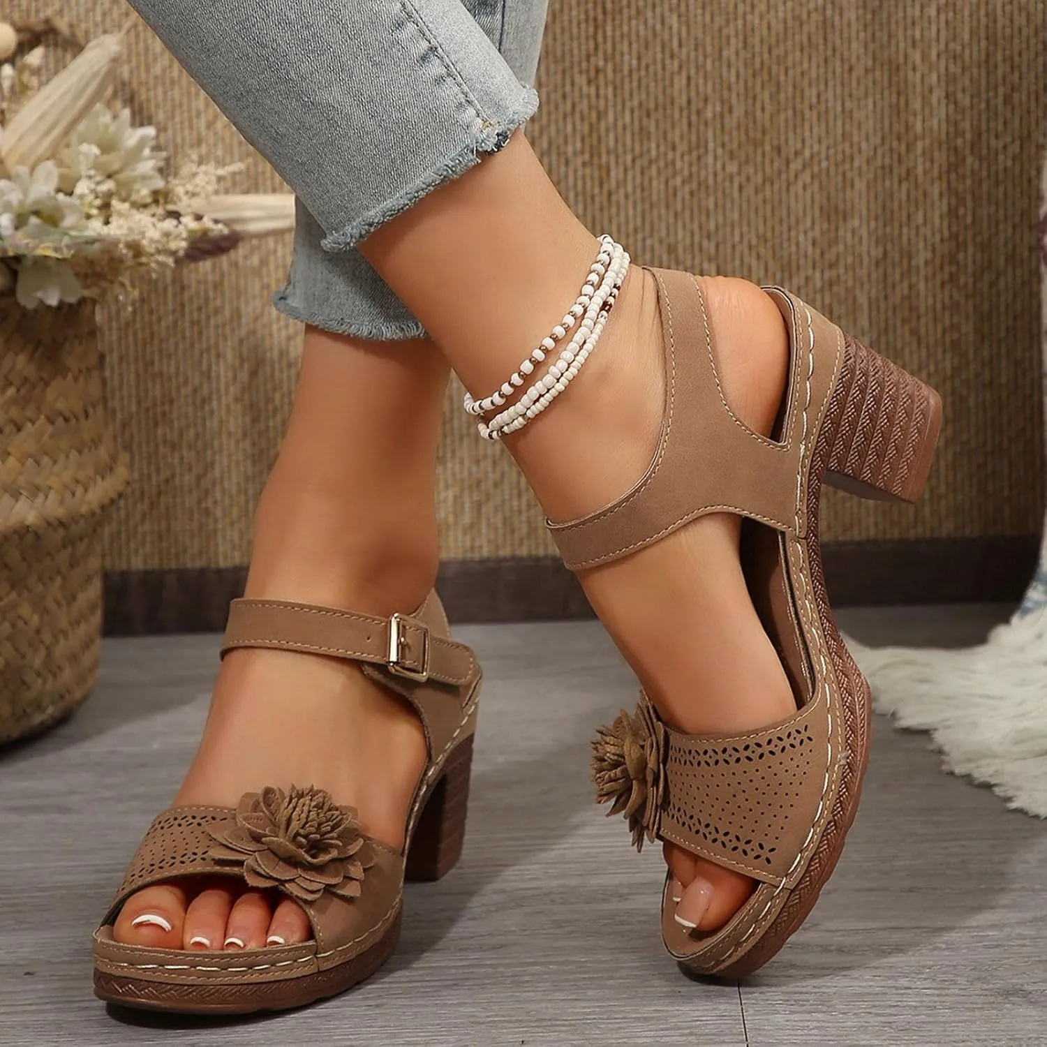 Womens Platform Heeled Sandal Fashion Chunky Heels Sandals Comfortable Dressy Arch Support Ankle Strap Wedge Sandals Open Toe Low Heel Breathable Shoes