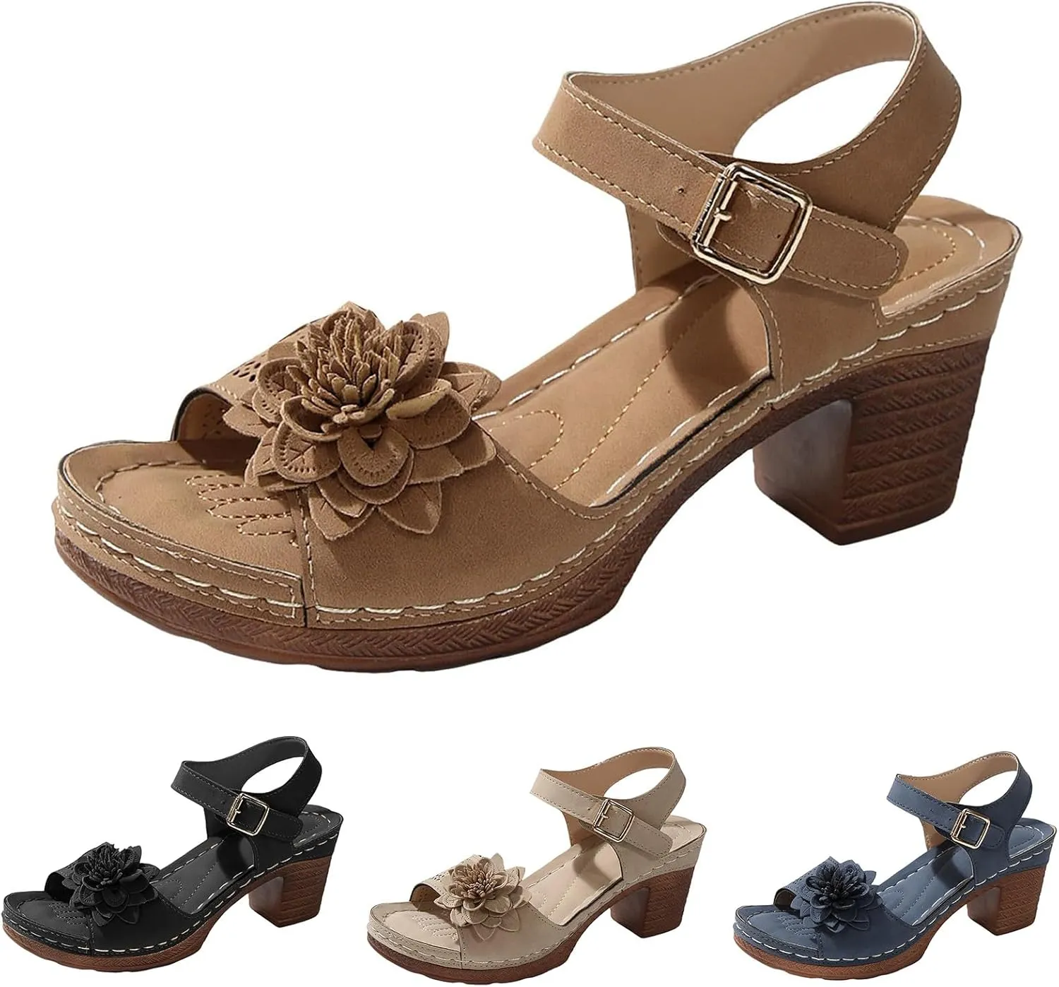 Womens Platform Heeled Sandal Fashion Chunky Heels Sandals Comfortable Dressy Arch Support Ankle Strap Wedge Sandals Open Toe Low Heel Breathable Shoes