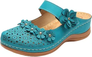 Womens Summer Slipper:2025 Leather Casual Comfort Mules Outdoor Beach Sandals with Arch Support Vintage Slip Wedge Flowers Sandals 2025