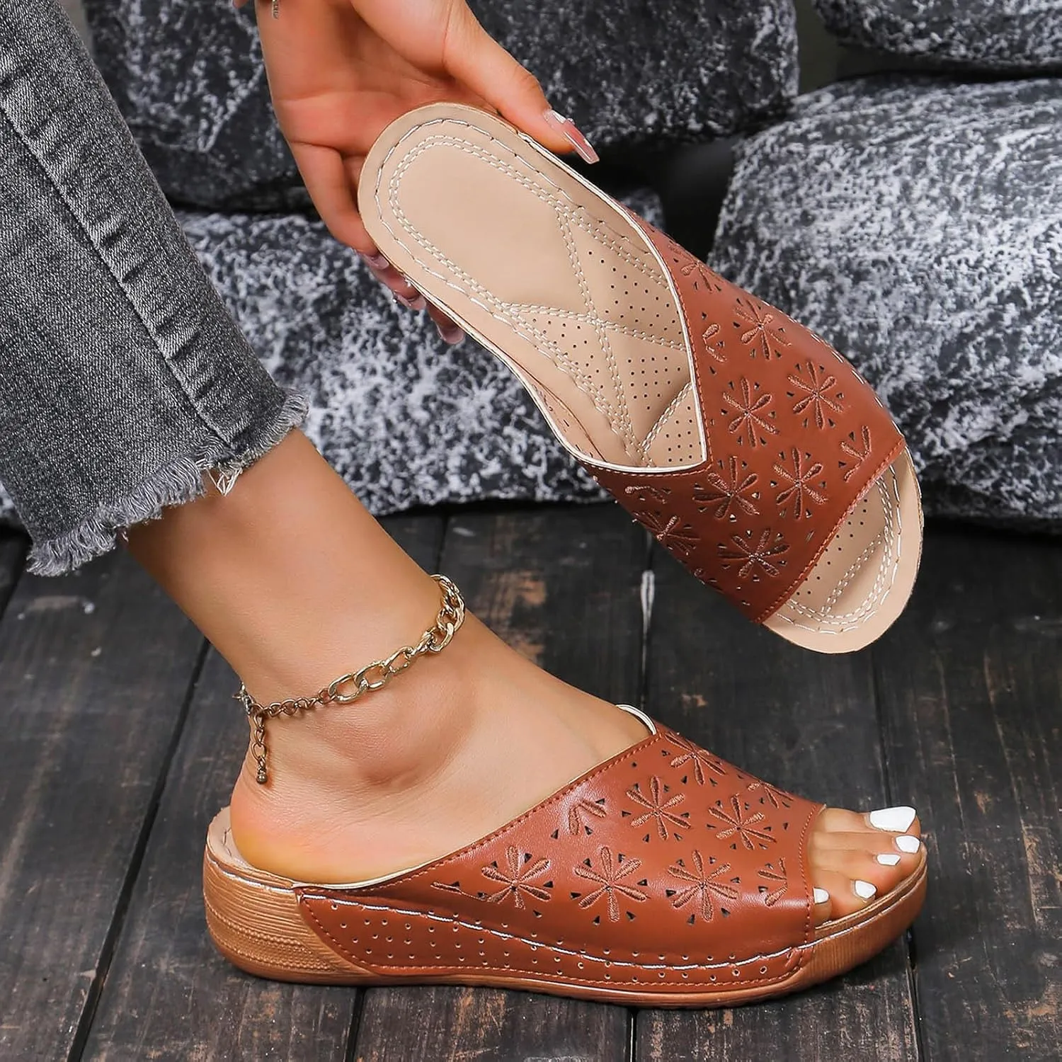Womens Wedge Sandals Open Toe Comfortable Walking Platform Slides Orthopedic Sandal Casual Slip on Summer Shoes