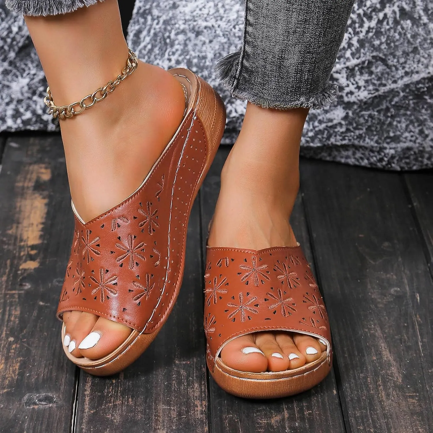 Womens Wedge Sandals Open Toe Comfortable Walking Platform Slides Orthopedic Sandal Casual Slip on Summer Shoes