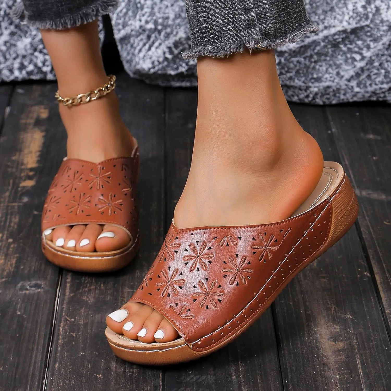 Womens Wedge Sandals Open Toe Comfortable Walking Platform Slides Orthopedic Sandal Casual Slip on Summer Shoes