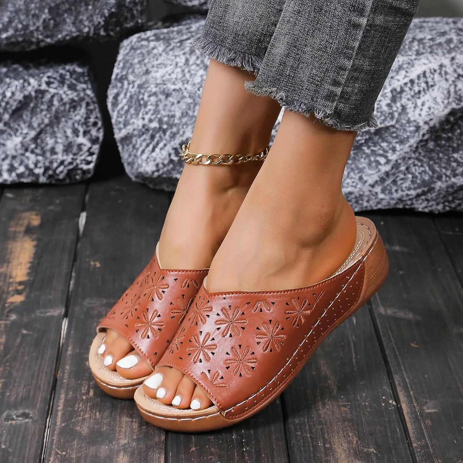 Womens Wedge Sandals Open Toe Comfortable Walking Platform Slides Orthopedic Sandal Casual Slip on Summer Shoes